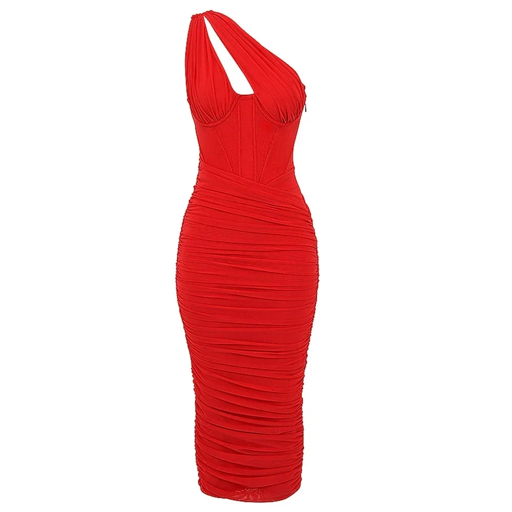 Summer Midi Mesh Dress Bodycon One Shoulder Evening Night Party Dresse Cut Out Draped Women Birthday Dress 2022 Elegant Stretch